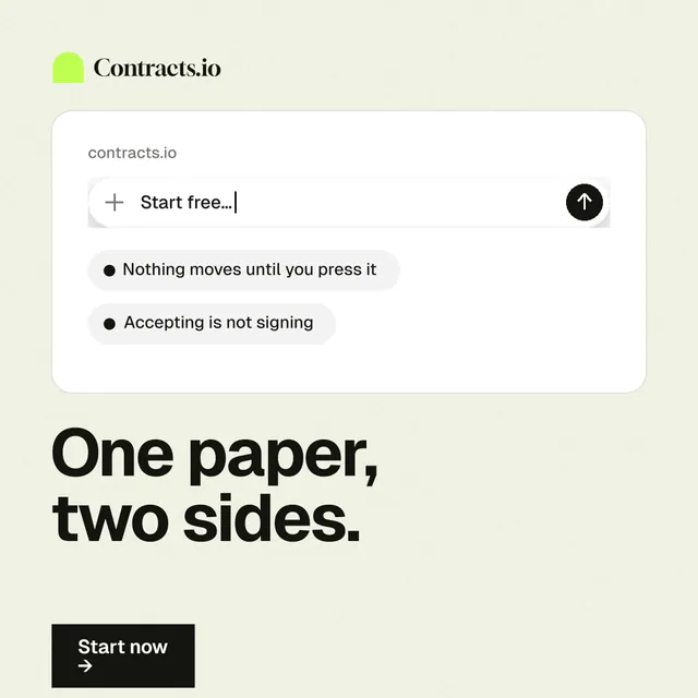 Instagram post for contracts.io: "One paper, two sides." Swiss style, bottom layout, light palette in white, grey.