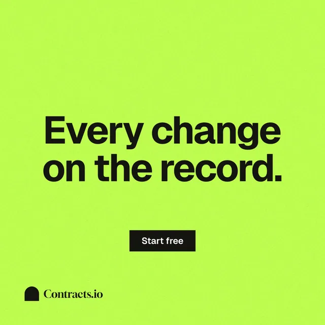 Instagram post for contracts.io: "Every change on the record." Swiss style, centred layout, light palette in green.