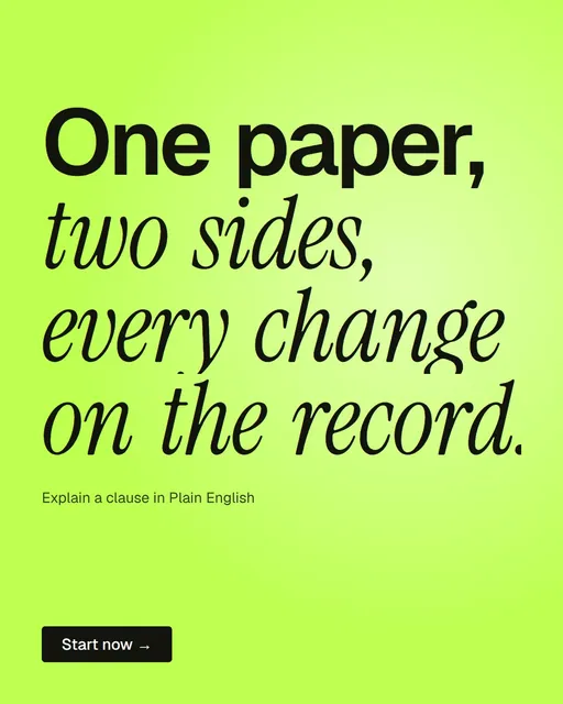 Video for contracts.io: "One paper, two sides, every change on the record.". Doc motion loop, 7.0 s, light palette.