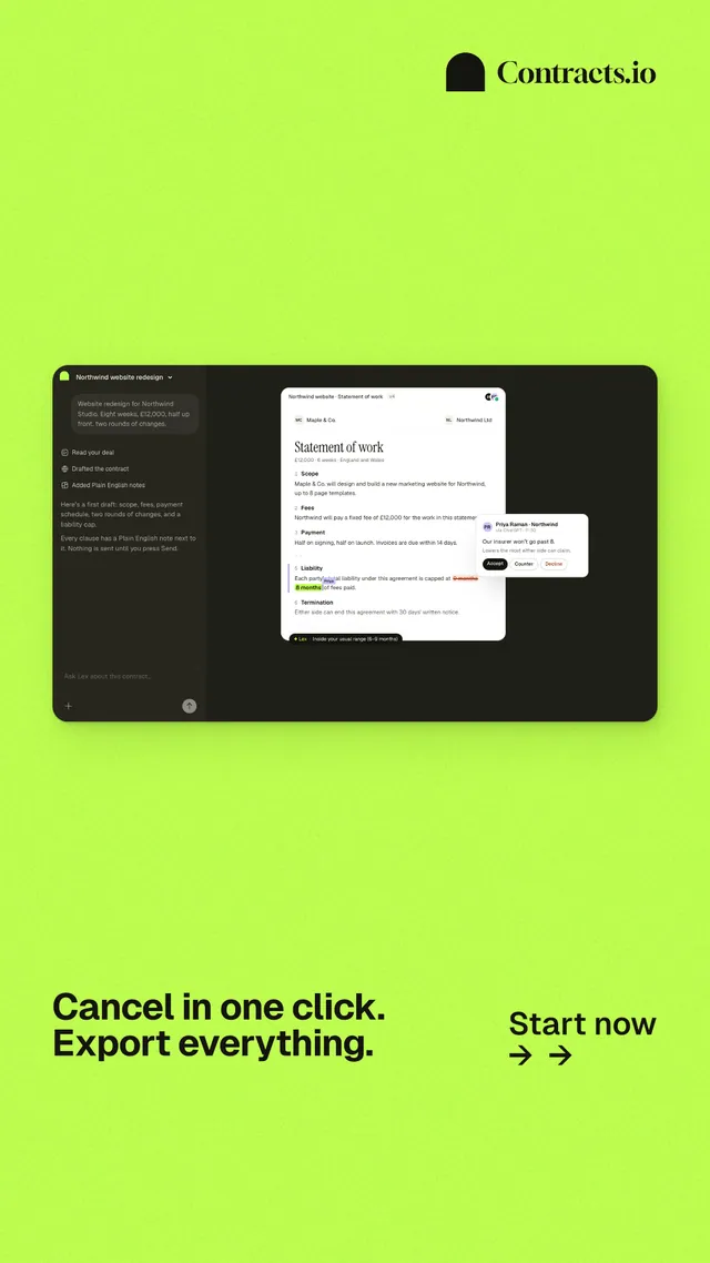 Instagram story for contracts.io: "Cancel in one click. Export everything." Swiss style, image led layout, light palette in green.