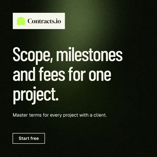 Instagram post for contracts.io: "Scope, milestones and fees for one project." Dark deco style, announce layout, dark palette in black, grey.