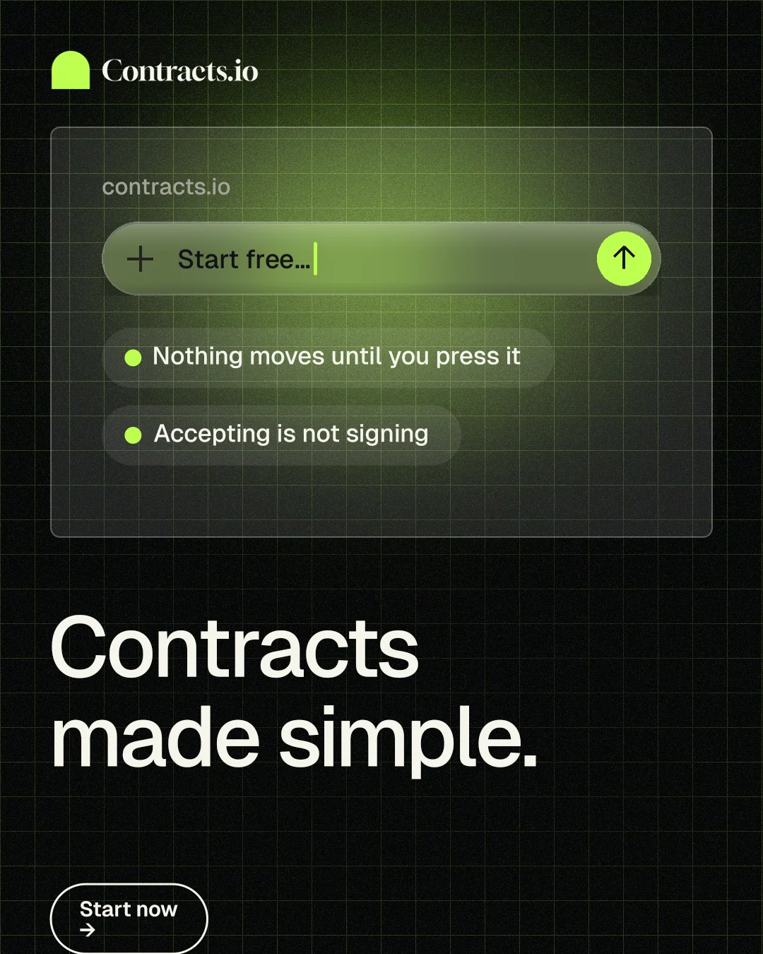 Instagram portrait post for contracts.io: "Contracts made simple." Phosphor atlas style, bottom layout, dark palette in black, green.
