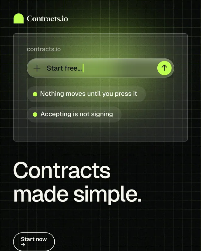 Instagram portrait post for contracts.io: "Contracts made simple." Phosphor atlas style, bottom layout, dark palette in black, green.