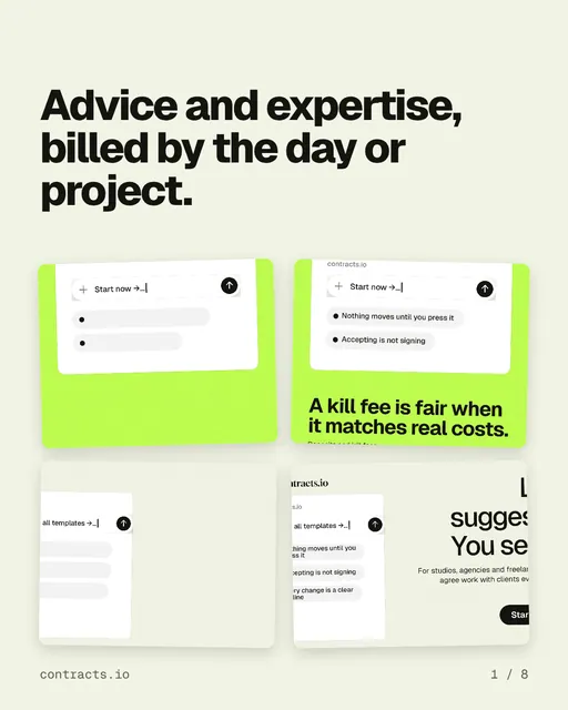 Carousel for contracts.io: "Advice and expertise, billed by the day or project.". Collection carousel, 8 slides, light palette.