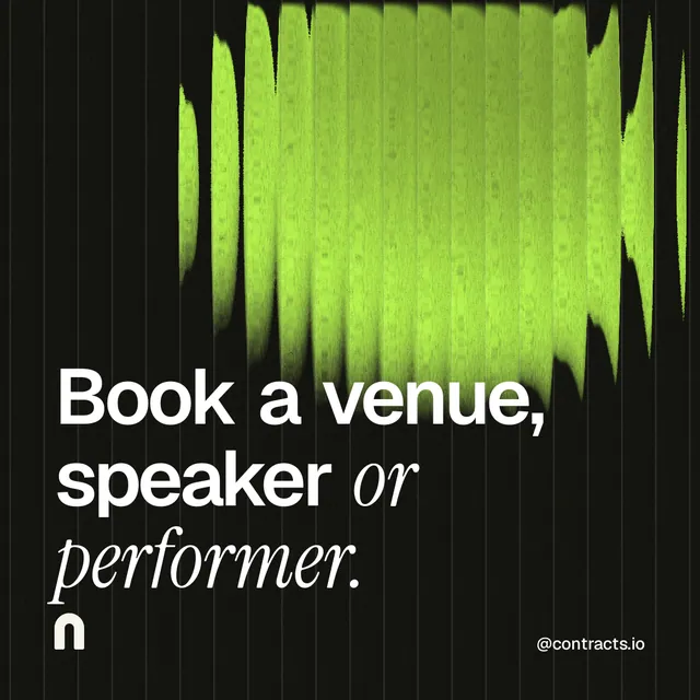 Instagram post for contracts.io: "Book a venue, speaker or performer." Auto 1x1 style, technique:shader field layout, dark palette in green, black.