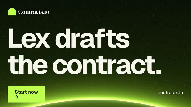 Landscape graphic for contracts.io: "Lex drafts the contract." Swiss style, poster layout, dark palette in green, black.