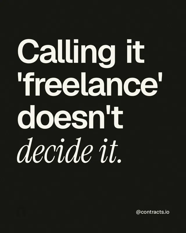 Instagram portrait post for contracts.io: "Calling it 'freelance' doesn't decide it." Editorial style, technique:mixed type lockup layout, dark palette in black, grey.