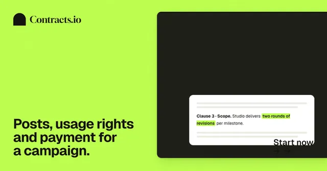 Social ad for contracts.io: "Posts, usage rights and payment for a campaign." Swiss style, image led layout, light palette in green, black.