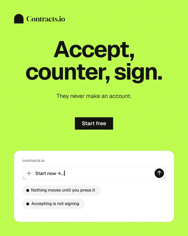 Instagram portrait post for contracts.io: "Accept, counter, sign." Swiss style, centred layout, light palette in green.