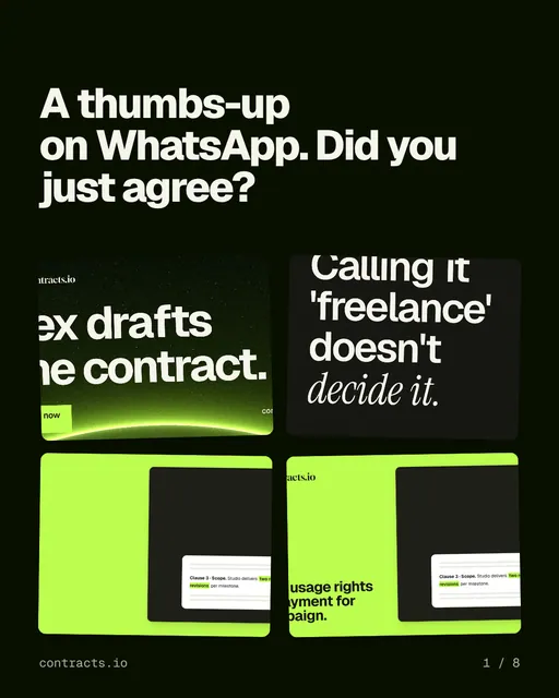 Carousel for contracts.io: "A thumbs-up on WhatsApp. Did you just agree?". Collection carousel, 8 slides, dark palette.