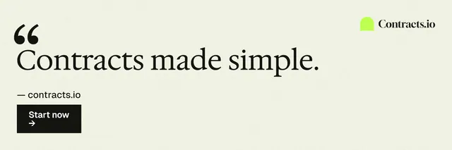 X header for contracts.io: "Contracts made simple." Swiss style, quote layout, light palette in white, yellow, grey.