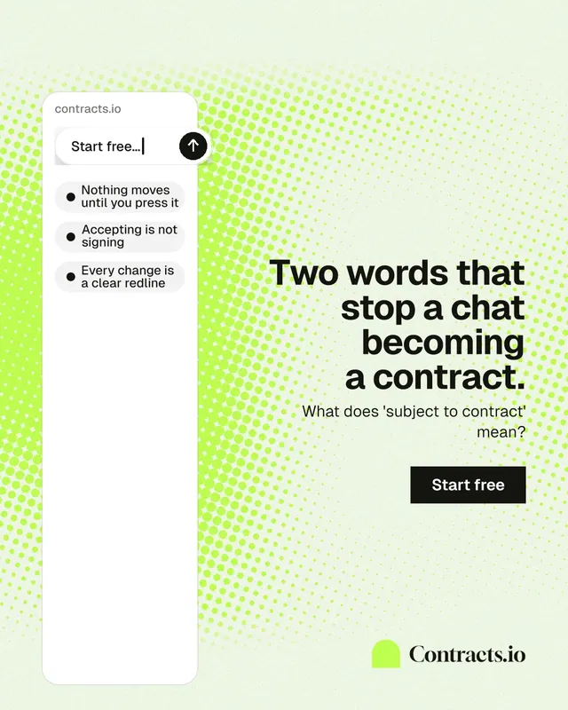 Instagram portrait post for contracts.io: "Two words that stop a chat becoming a contract." Swiss style, right layout, light palette in white, green.