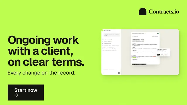 Landscape graphic for contracts.io: "Ongoing work with a client, on clear terms." Swiss style, bottom layout, light palette in green.