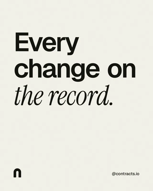 Instagram portrait post for contracts.io: "Every change on the record." Editorial style, technique:mixed type lockup layout, light palette in white, grey.