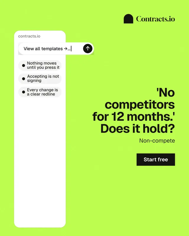 Instagram portrait post for contracts.io: "'No competitors for 12 months.' Does it hold?" Swiss style, right layout, light palette in green, white.