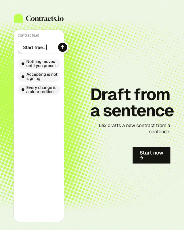 Instagram portrait post for contracts.io: "Draft from a sentence". Swiss style, right layout, light palette in white, green.