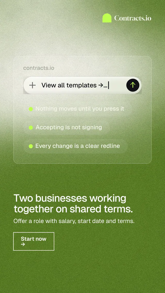 Instagram story for contracts.io: "Two businesses working together on shared terms." Cyanotype style, bottom layout, light palette in green.