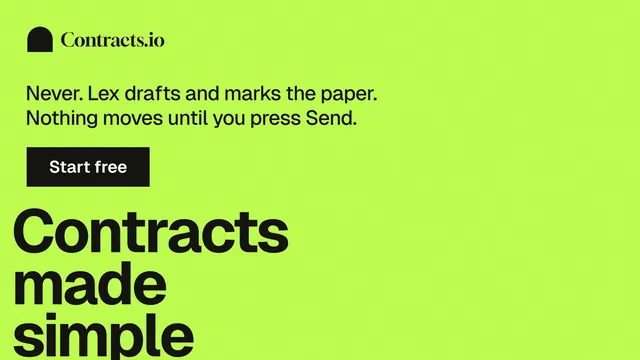Landscape graphic for contracts.io: "Contracts made simple." Swiss style, oversized layout, light palette in green.