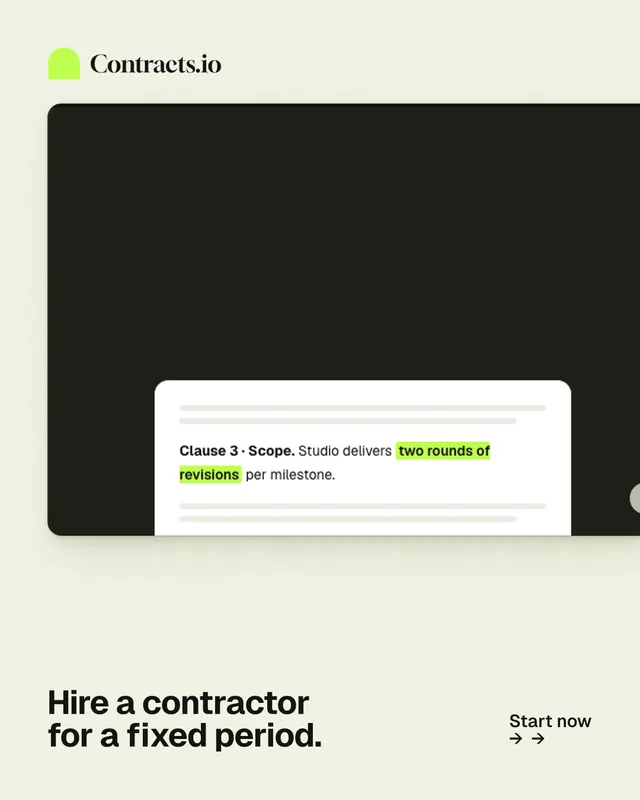 Instagram portrait post for contracts.io: "Hire a contractor for a fixed period." Swiss style, image led layout, light palette in green, black, white.