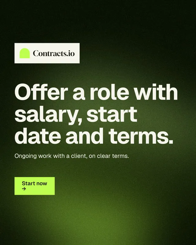 Instagram portrait post for contracts.io: "Offer a role with salary, start date and terms." Swiss style, announce layout, dark palette in black, green.