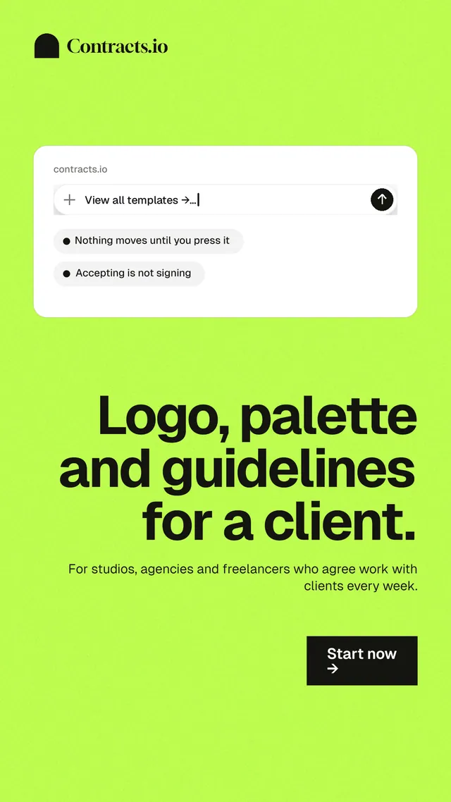 Instagram story for contracts.io: "Logo, palette and guidelines for a client." Swiss style, right layout, light palette in green.