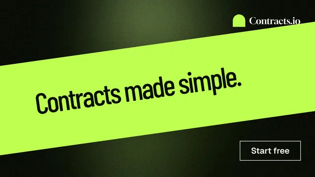 Landscape graphic for contracts.io: "Contracts made simple." Dark deco style, diagonal layout, light palette in green, black.