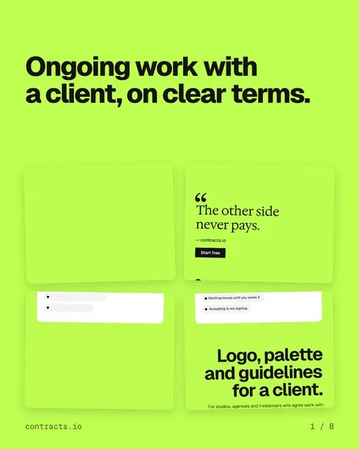 Carousel for contracts.io: "Ongoing work with a client, on clear terms.". Collection carousel, 8 slides, light palette.