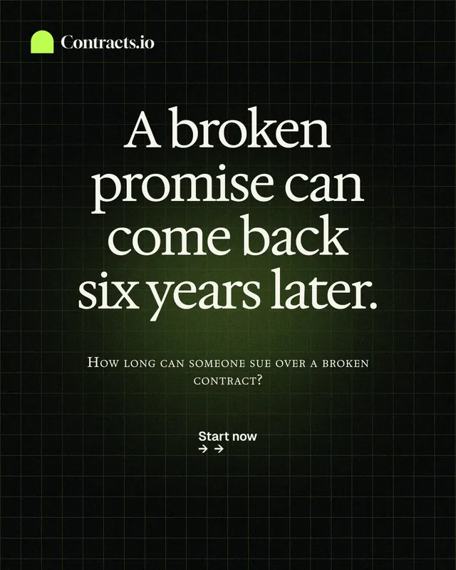 Instagram portrait post for contracts.io: "A broken promise can come back six years later." Phosphor atlas style, smallcaps layout, dark palette in black, green, grey.