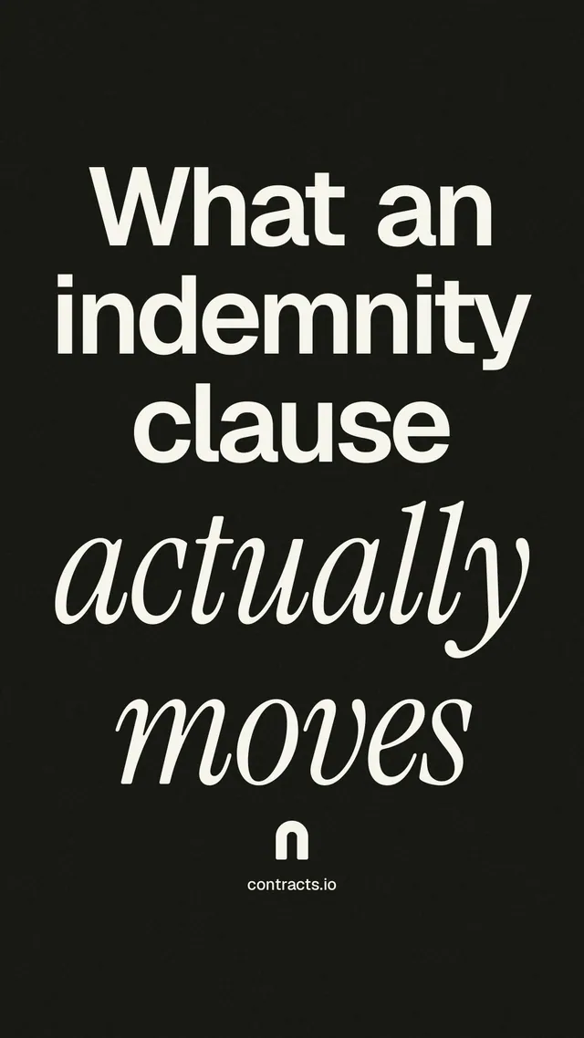 Instagram story for contracts.io: "What an indemnity clause actually moves". Poster style, technique:mixed type lockup layout, dark palette in black, grey.