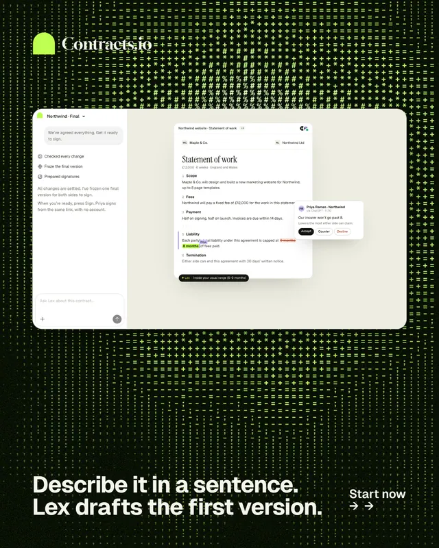 Instagram portrait post for contracts.io: "Describe it in a sentence. Lex drafts the first version." Swiss style, image led layout, dark palette in white, black, grey.