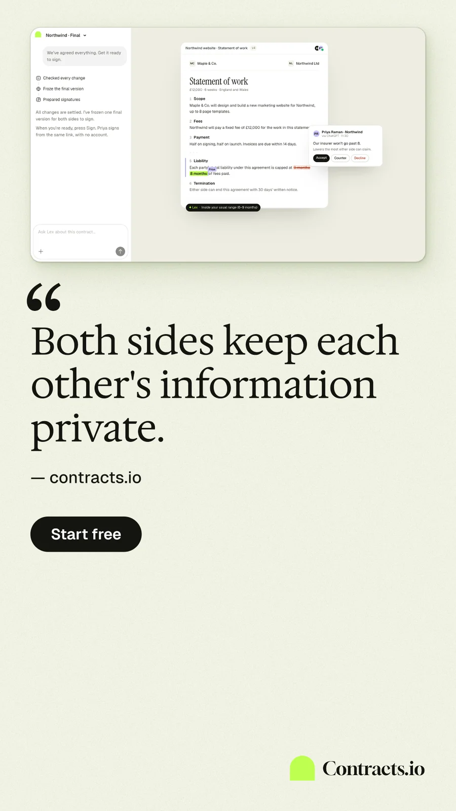 Instagram story for contracts.io: "Both sides keep each other's information private." Data card style, quote layout, light palette in white, yellow, grey.