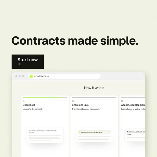 Instagram post for contracts.io: "Contracts made simple." Swiss style, browser layout, light palette in white.