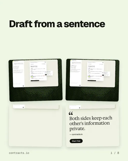 Carousel for contracts.io: "Draft from a sentence". Collection carousel, 8 slides, light palette.