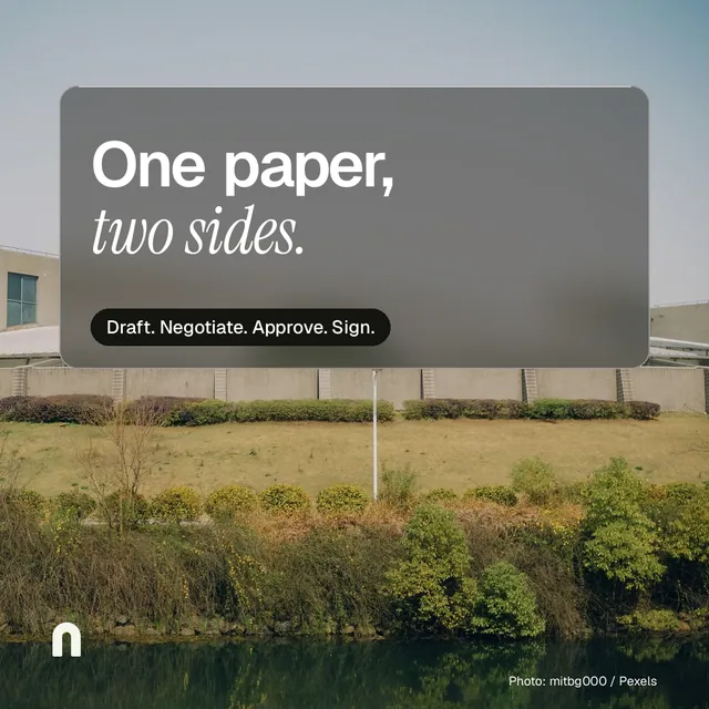 Instagram post for contracts.io: "One paper, two sides." Glass style, technique:pexels ingredient layout, light palette in grey, green.