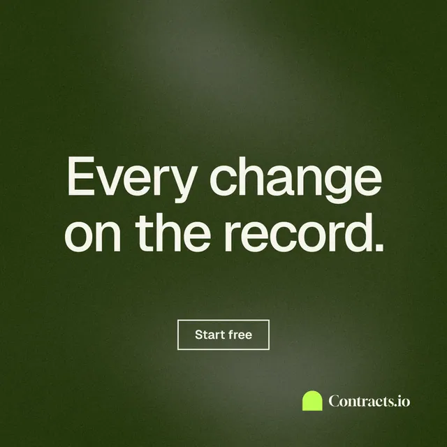 Instagram post for contracts.io: "Every change on the record." Cyanotype style, centred layout, dark palette in green, grey.