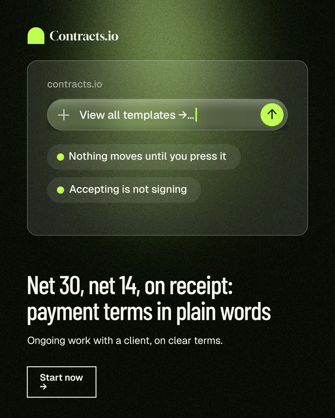 Instagram portrait post for contracts.io: "Net 30, net 14, on receipt: payment terms in plain words". Dark deco style, bottom layout, dark palette in black, green.