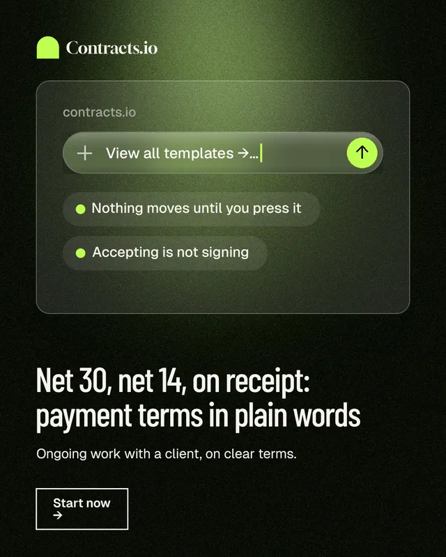 Instagram portrait post for contracts.io: "Net 30, net 14, on receipt: payment terms in plain words". Dark deco style, bottom layout, dark palette in black, green.