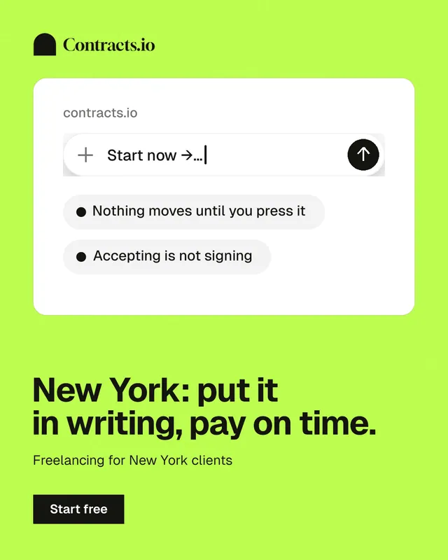 Instagram portrait post for contracts.io: "New York: put it in writing, pay on time." Swiss style, bottom layout, light palette in green, white.