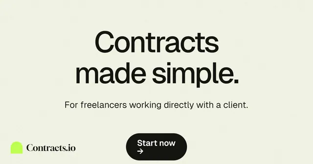 Social ad for contracts.io: "Contracts made simple." Data card style, centred layout, light palette in white, grey.