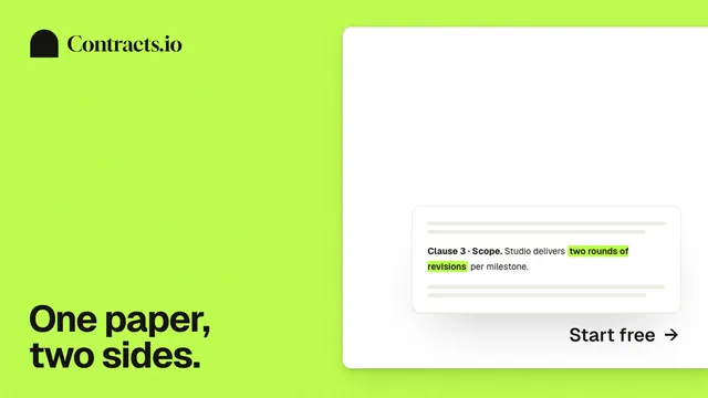 Landscape graphic for contracts.io: "One paper, two sides." Swiss style, image led layout, light palette in green, white.