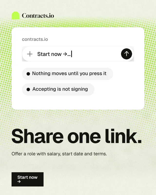 Instagram portrait post for contracts.io: "Share one link." Swiss style, bottom layout, light palette in white, green, grey.