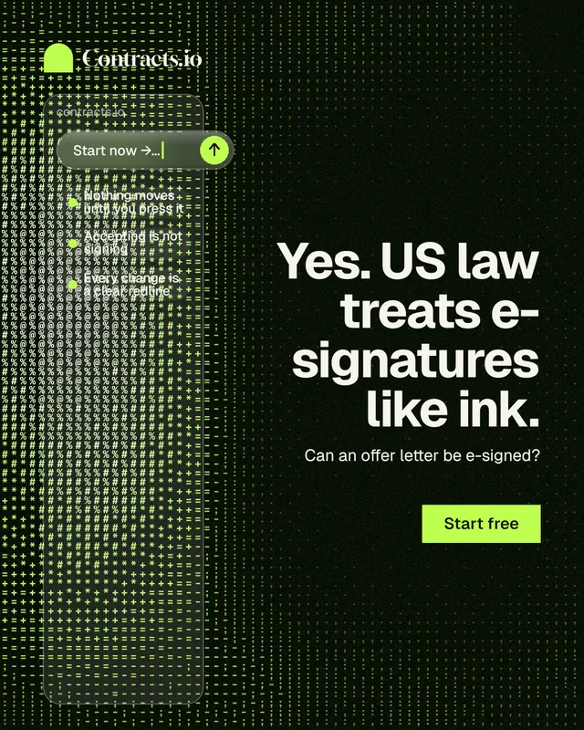 Instagram portrait post for contracts.io: "Yes. US law treats e-signatures like ink." Swiss style, right layout, dark palette in grey, black, green.
