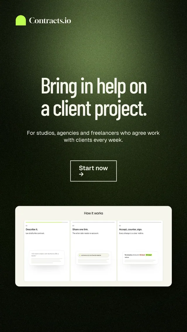 Instagram story for contracts.io: "Bring in help on a client project." Dark deco style, centred layout, dark palette in black, green, white.