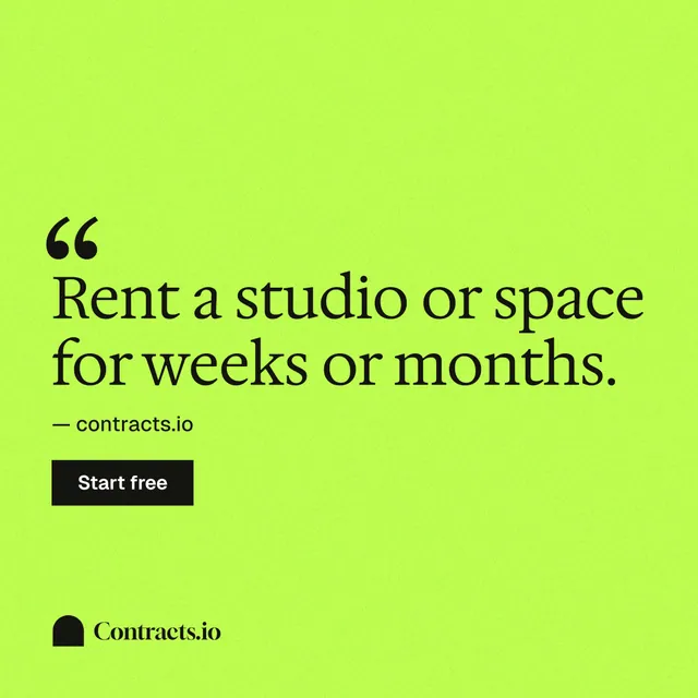 Instagram post for contracts.io: "Rent a studio or space for weeks or months." Swiss style, quote layout, light palette in green.