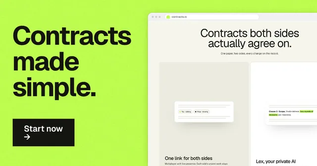 Social ad for contracts.io: "Contracts made simple." Swiss style, browser layout, light palette in green.