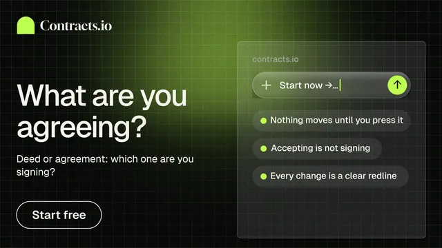 Landscape graphic for contracts.io: "What are you agreeing?" Phosphor atlas style, bottom layout, dark palette in black, green.