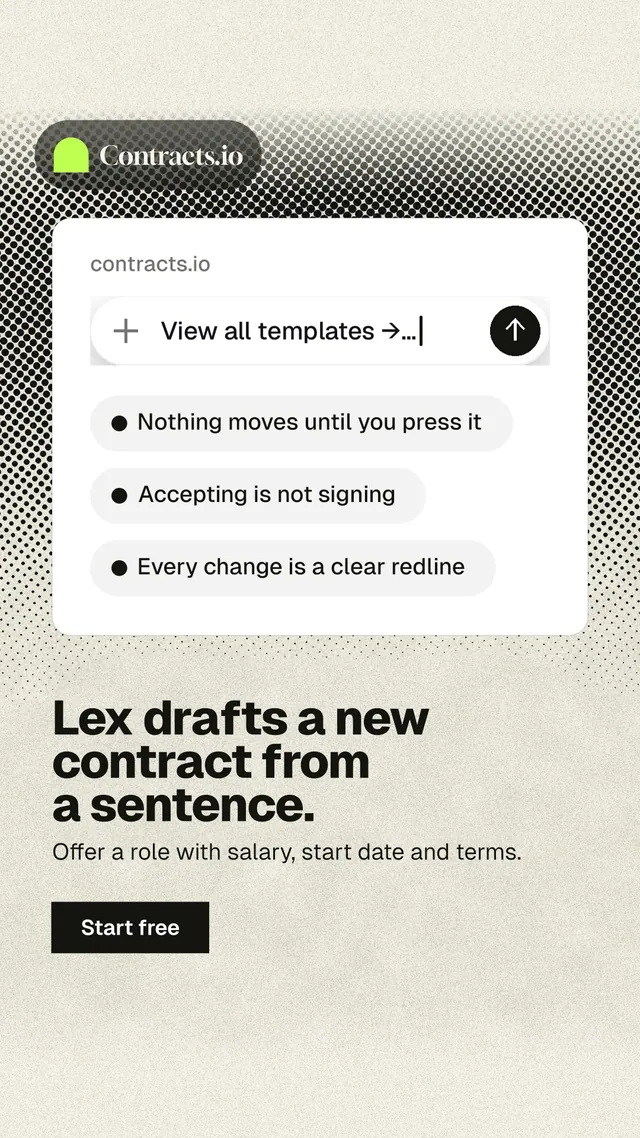 Instagram story for contracts.io: "Lex drafts a new contract from a sentence." Ink sticker style, bottom layout, light palette in yellow, white, grey.