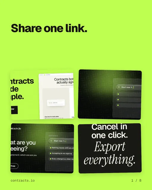 Carousel for contracts.io: "Share one link.". Collection carousel, 8 slides, light palette.