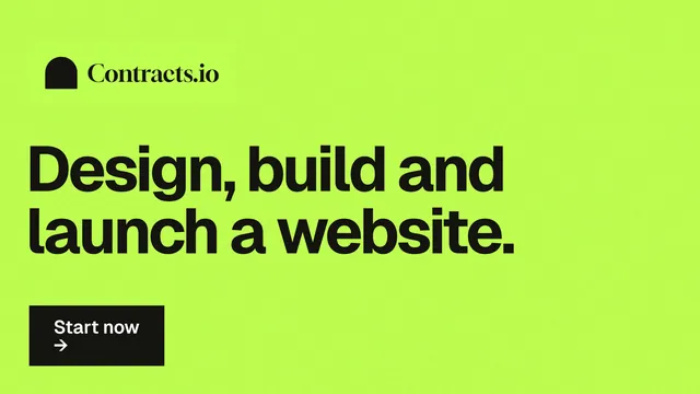 Landscape graphic for contracts.io: "Design, build and launch a website." Swiss style, announce layout, light palette in green.