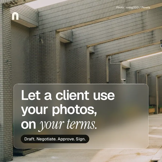 Instagram post for contracts.io: "Let a client use your photos, on your terms." Glass style, technique:pexels ingredient layout, light palette in grey.